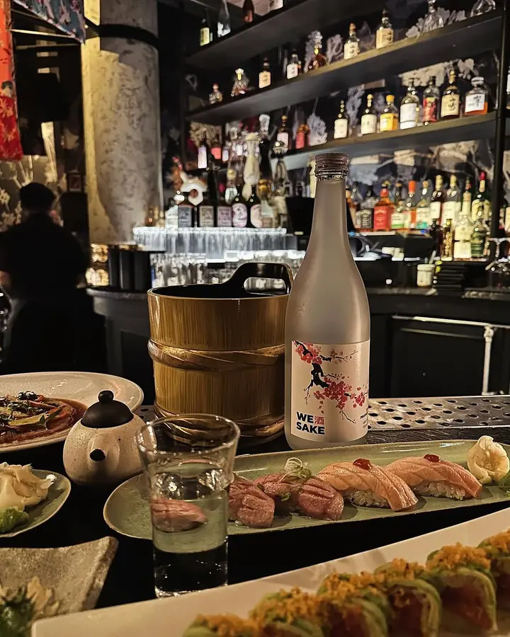 The WESAKE Sakura bottle on the bar at Sake no Hana