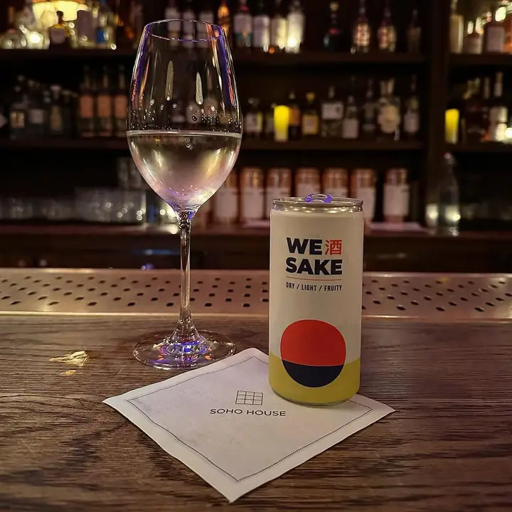 A WESAKE can and a glass of sake at Soho House
